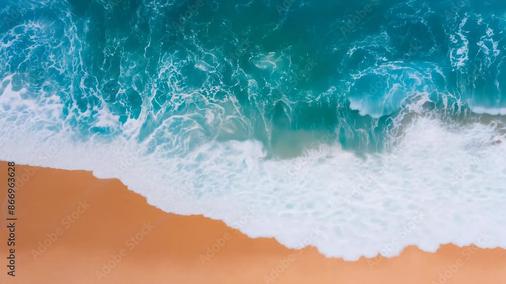 Aerial view of turquoise ocean waves crashing onto a sandy beach, creating white foam and ripples in the water. The vibrant colors contrast the natural beauty of sea and shore Aerial view of turquoise ocean waves crashing onto a sandy beach, creating white foam and ripples in the water. The vibrant colors contrast the natural beauty of sea and shore