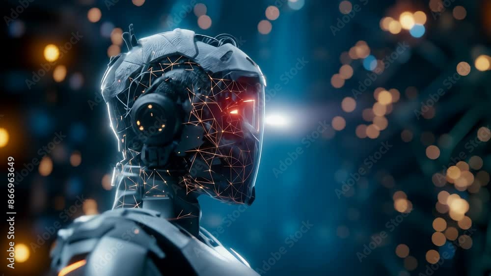 Futuristic robot with a metallic, textured face and glowing red eye, surrounded by a network of illuminated nodes. The background features a bokeh effect with warm and cool tones Futuristic robot with a metallic, textured face and glowing red eye, surrounded by a network of illuminated nodes. The background features a bokeh effect with warm and cool tones