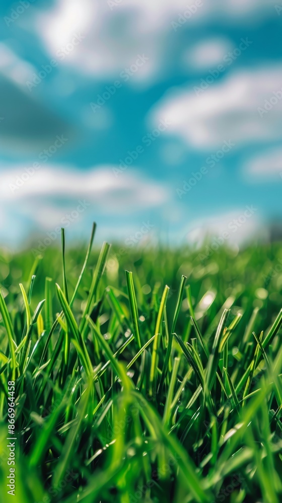 Obraz premium Close-up of green grass with a blue sky and clouds in the background