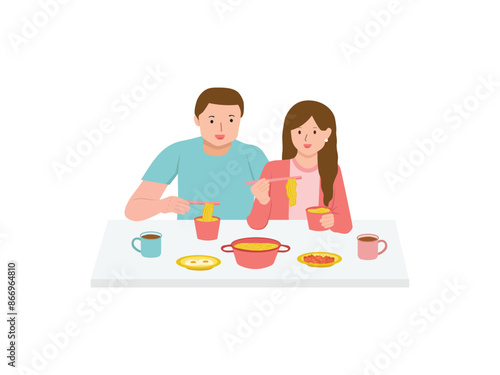 Couple Eating Ramen Noodle Illustration