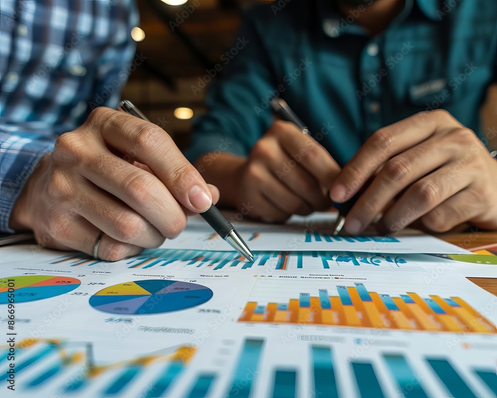 Fototapeta premium Team of business professionals collaborating over printed financial graphs and charts, highlighting key performance indicators and strategic goals