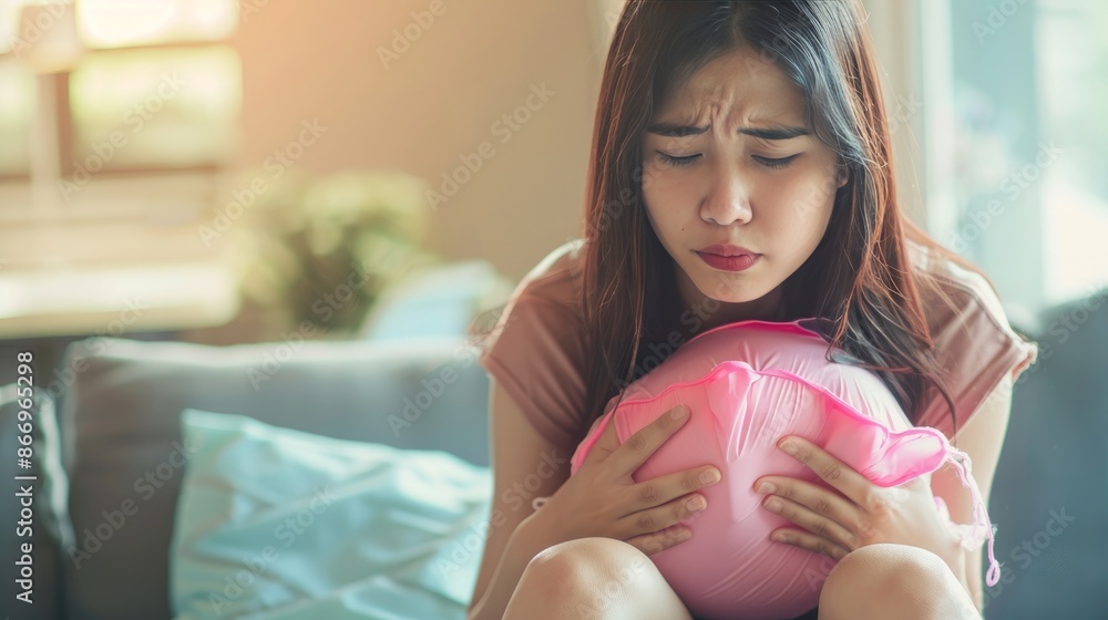 Monthly menstrual cycle, Asian young woman with pain in her hand, premenstrual syndrome, abdominal or belly pain, and use of a hot water bag. Health issue Body inflammation Monthly menstrual cycle, Asian young woman with pain in her hand, premenstrual syndrome, abdominal or belly pain, and use of a hot water bag. Health issue Body inflammation
