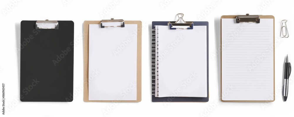 Row of clipboards and notebook with blank sheets and pen Row of clipboards and notebook with blank sheets and pen