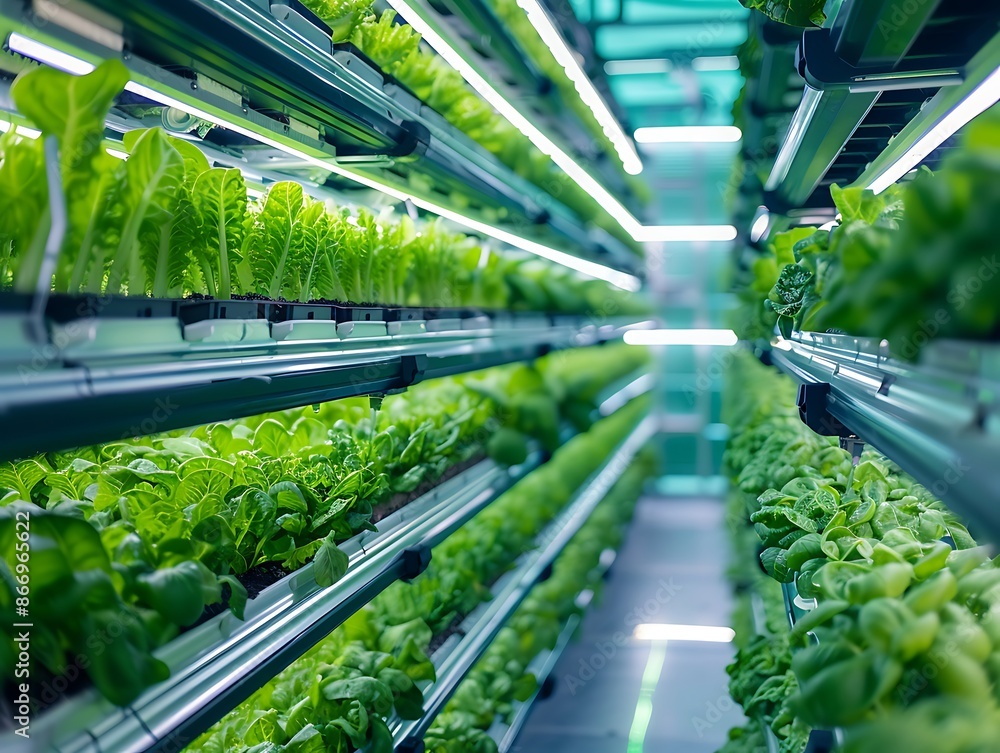 Vertical Farm with Rows of Fresh Lettuce Growing Under Lights Vertical Farm with Rows of Fresh Lettuce Growing Under Lights