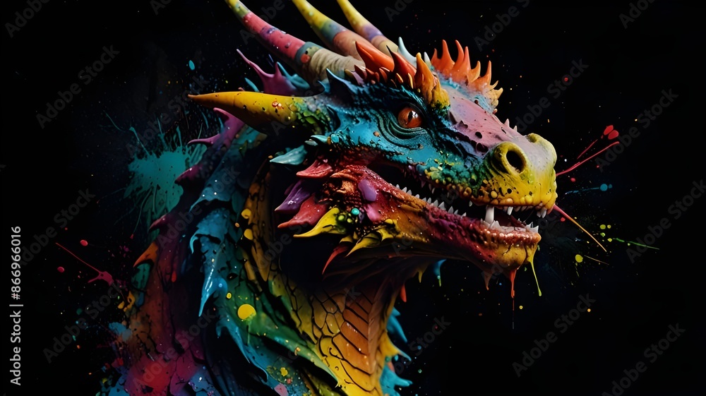 A dragon with a bright tone of colors on the face and mouth on black ocher background.. A dragon with a bright tone of colors on the face and mouth on black ocher background..