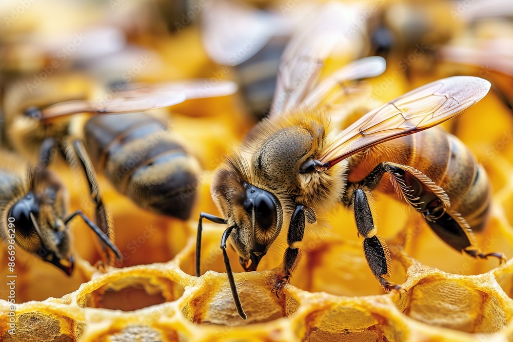 Honey bees working on a honeycomb, creating delicious honey