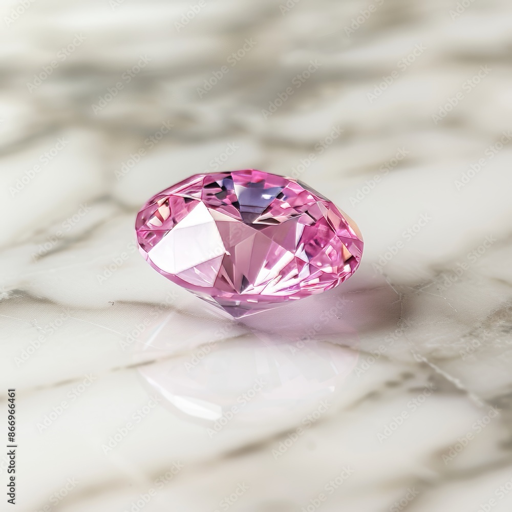 Pink diamond on marble surface illuminated, showcasing intricate facets and iridescent glow Pink diamond on marble surface illuminated, showcasing intricate facets and iridescent glow