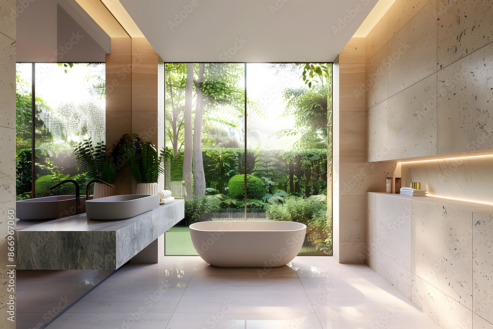 Fototapeta premium Minimal style modern luxury bathroom with nature view 3d render, It has a beige granite tile floor and walls, gray marble sink counter Large windows with views of the green garden.