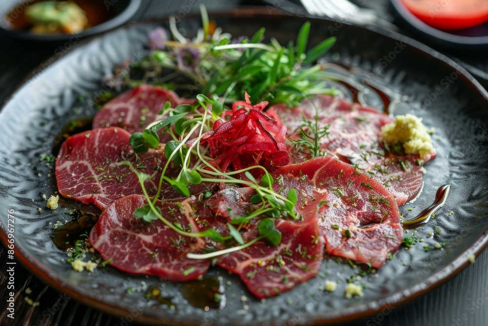 Thinly sliced marbled beef carpaccio with fresh herbs and spices being served on a plate Thinly sliced marbled beef carpaccio with fresh herbs and spices being served on a plate