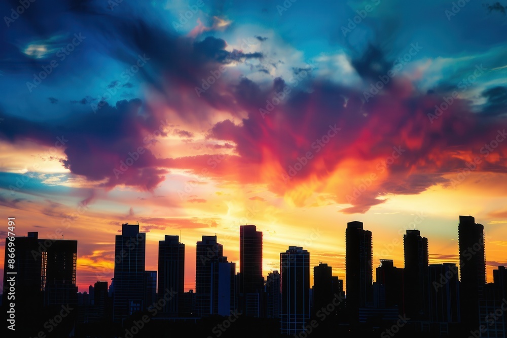 A panoramic view of a modern cityscape at sunset, showcasing skyscrapers silhouetted against a dramatic sky filled with vibrant colors. Generative AI A panoramic view of a modern cityscape at sunset, showcasing skyscrapers silhouetted against a dramatic sky filled with vibrant colors. Generative AI