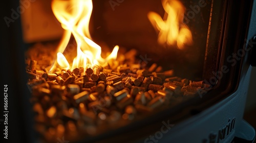 Wood pellet stove displaying burning pellets through transparent window for efficient heating