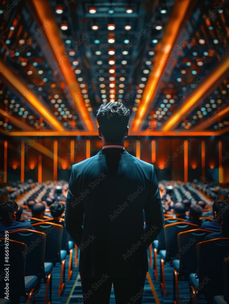 Fototapeta premium A man standing alone in a large empty auditorium. AI.