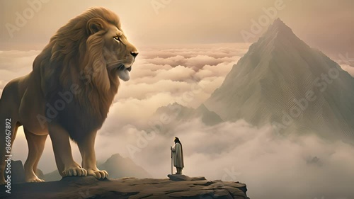 Jesus the lion of Judah. Lion in the fog. Vintage style