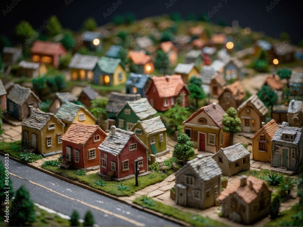 A miniature model of a town with colorful houses and trees. AI. A miniature model of a town with colorful houses and trees. AI.