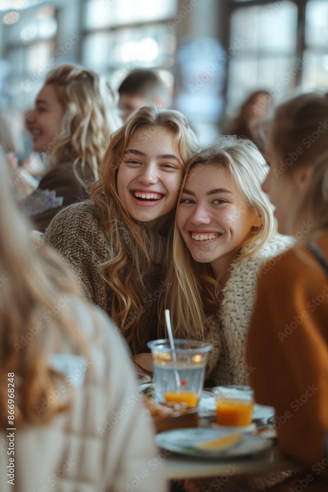 Two young women are sitting at a table in a restaurant, smiling and laughing. AI. Two young women are sitting at a table in a restaurant, smiling and laughing. AI.