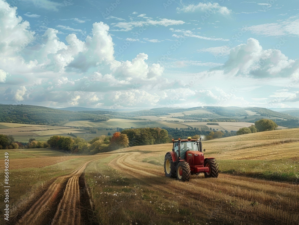 Obraz premium A red tractor drives through a golden wheat field on a bright day. AI.