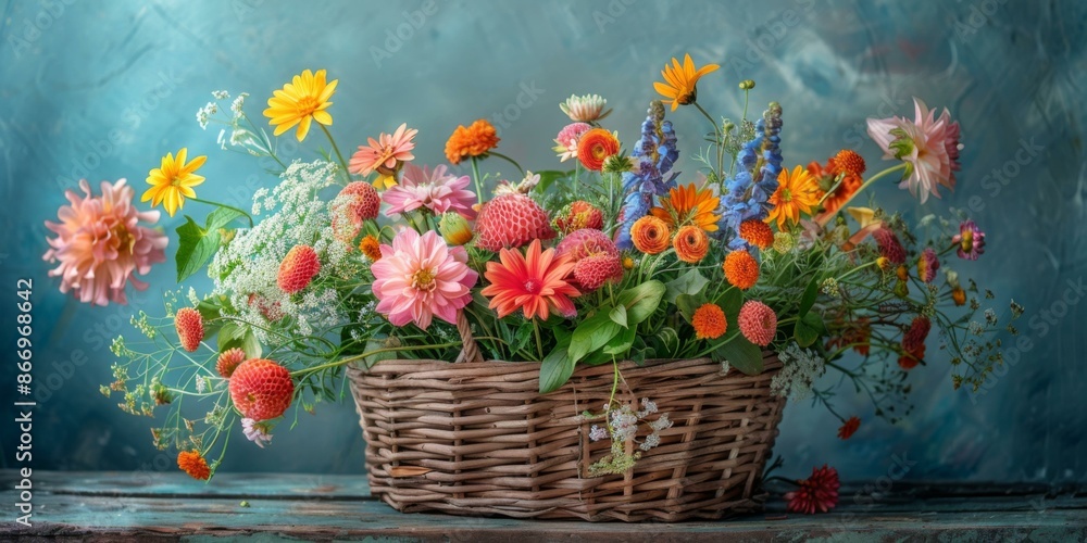 A beautiful arrangement of colorful flowers in a wicker basket. AI.