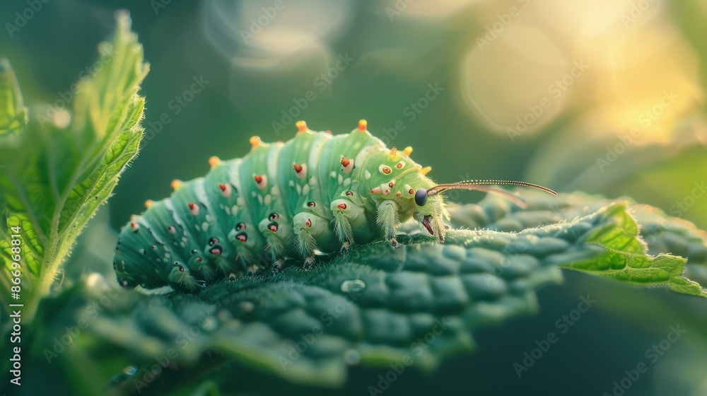 Naklejka premium A green caterpillar is eating a leaf. AI.