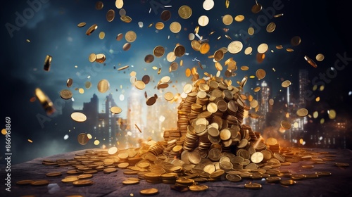 Glowing Pile of Golden Coins Amidst a Nighttime Cityscape