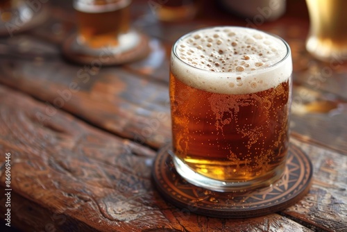 Glass of cold light beer standing on wooden table in pub