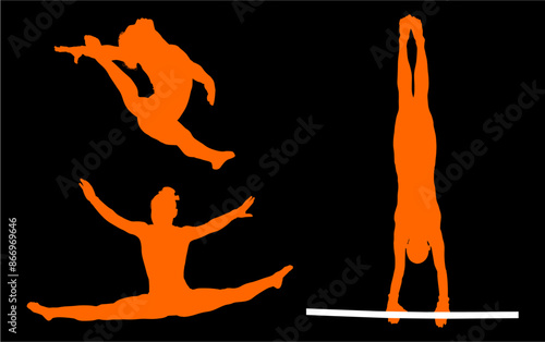 gimnasia, deportes, acrobatas, gimnastas, silueta, vectores