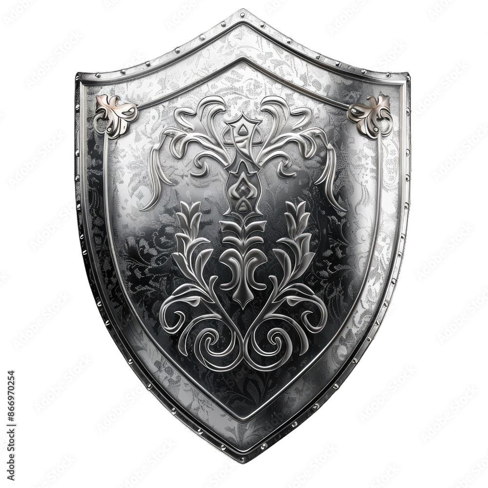 Silver Shield Featuring a Reflective Surface Intricate Details and Textured Pattern for Protection and Security. Isolated on a Transparent Background. Cutout PNG. Silver Shield Featuring a Reflective Surface Intricate Details and Textured Pattern for Protection and Security. Isolated on a Transparent Background. Cutout PNG.