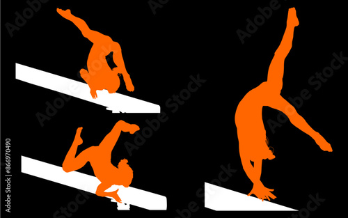 gimnasia, deportes, acrobatas, gimnastas, silueta, vectores