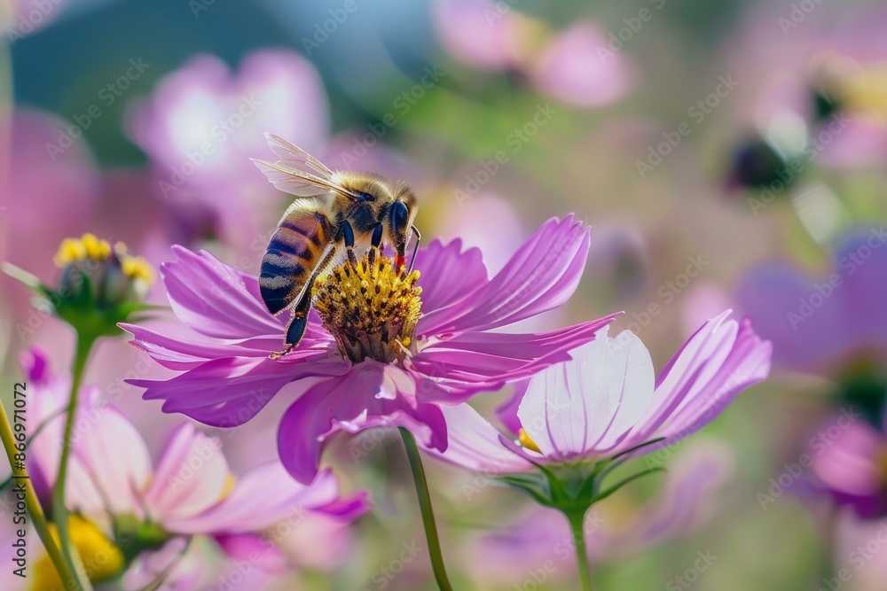 Honey bee gathering pollen on a purple cosmos flower in a field of flowers Honey bee gathering pollen on a purple cosmos flower in a field of flowers