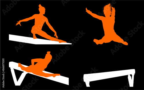 gimnasia, deportes, acrobatas, gimnastas, silueta, vectores
