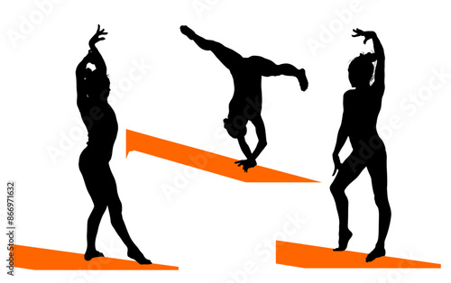 gimnasia, deportes, acrobatas, gimnastas, silueta, vectores