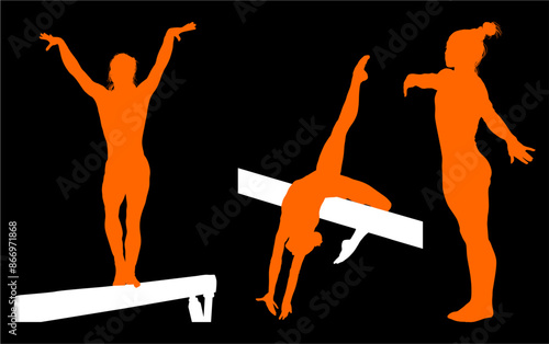gimnasia, deportes, acrobatas, gimnastas, silueta, vectores
