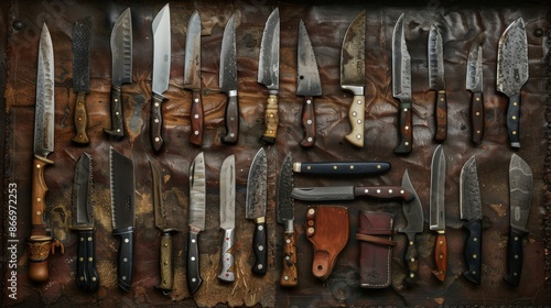 Knife Collection: An artistic arrangement of various knives, showcasing different styles, sizes, and designs on a textured surface like wood or leather. Generative AI