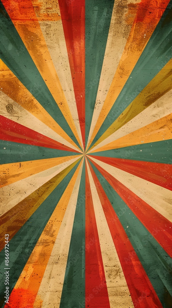 Vintage retro sunburst background with grunge texture, multicolored rays pattern. Nostalgic graphic design wallpaper concept