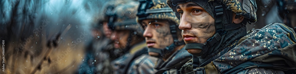 Ukrainian soldiers reflecting on lost time and sacrifices, standing at the beginning of an inevitable, difficult path, with visible symbols of Ukrainian military and national identity Ukrainian soldiers reflecting on lost time and sacrifices, standing at the beginning of an inevitable, difficult path, with visible symbols of Ukrainian military and national identity