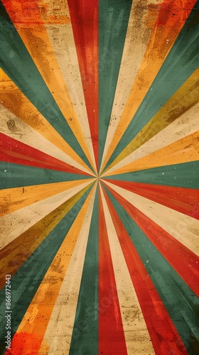 Obraz na płótnie Vintage retro sunburst background with grunge texture, multicolored rays pattern. Nostalgic graphic design wallpaper concept w salonie