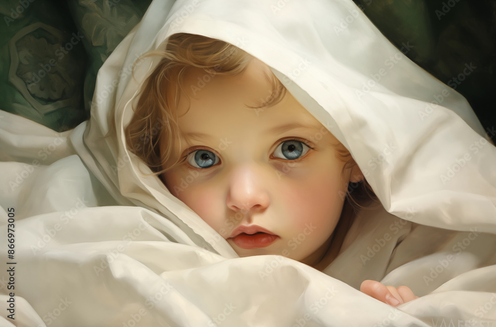 A young child with striking blue eyes peeking from under a blanket, exuding innocence and curiosity A young child with striking blue eyes peeking from under a blanket, exuding innocence and curiosity