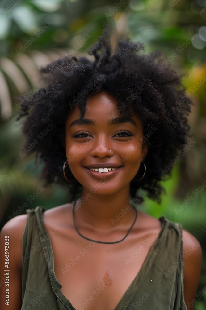 Portrait of Smiling Young Black Woman with Natural Hair and Nose Ring in Tropical Setting. Generative AI. Portrait of Smiling Young Black Woman with Natural Hair and Nose Ring in Tropical Setting. Generative AI.