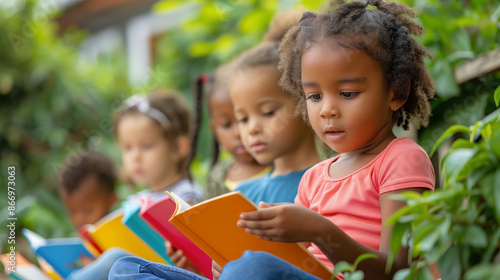 National Book Lovers Day. Children reading books at park. Children sitting in rows and reading books at the park, back to school or education learning background. Copy space