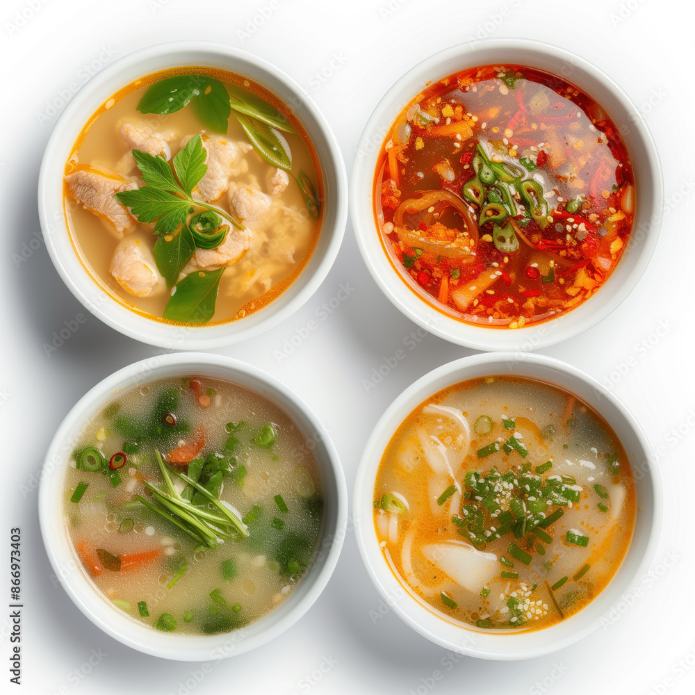 Set of four Chinese soups in white bowls Set of four Chinese soups in white bowls