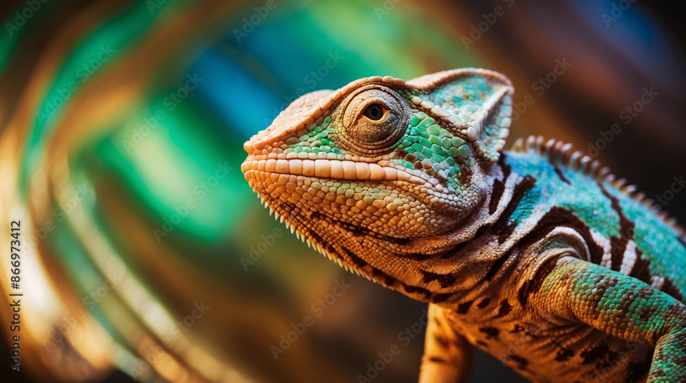 Fototapeta premium A Closeup of Colorful chameleon animal lizard reptile whimsical colors backdrop colorful blurry background, illustration poster wallpaper