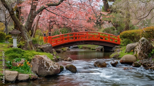 The scene is serene and peaceful, with the water reflecting the pink flowers photo