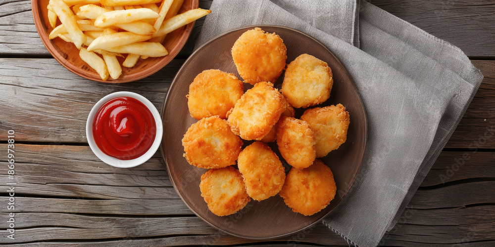 Delicious Plate of Chicken Nuggets and French Fries on a Wooden Table Shot From Above Delicious Plate of Chicken Nuggets and French Fries on a Wooden Table Shot From Above