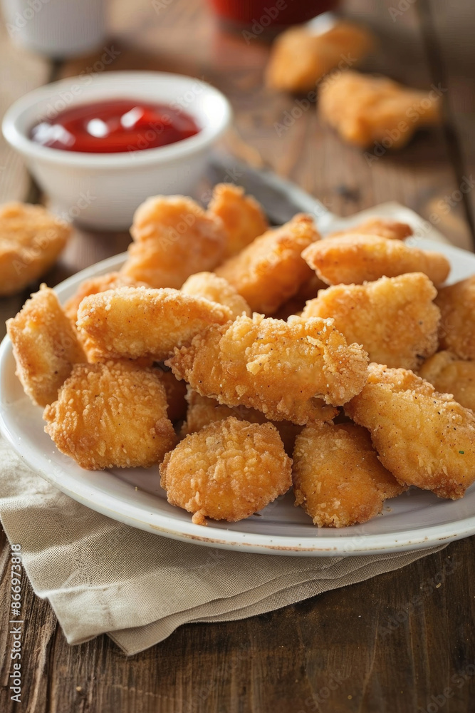 Delicious Plate of Chicken Nuggets and French Fries on a Wooden Table Shot From Above Delicious Plate of Chicken Nuggets and French Fries on a Wooden Table Shot From Above