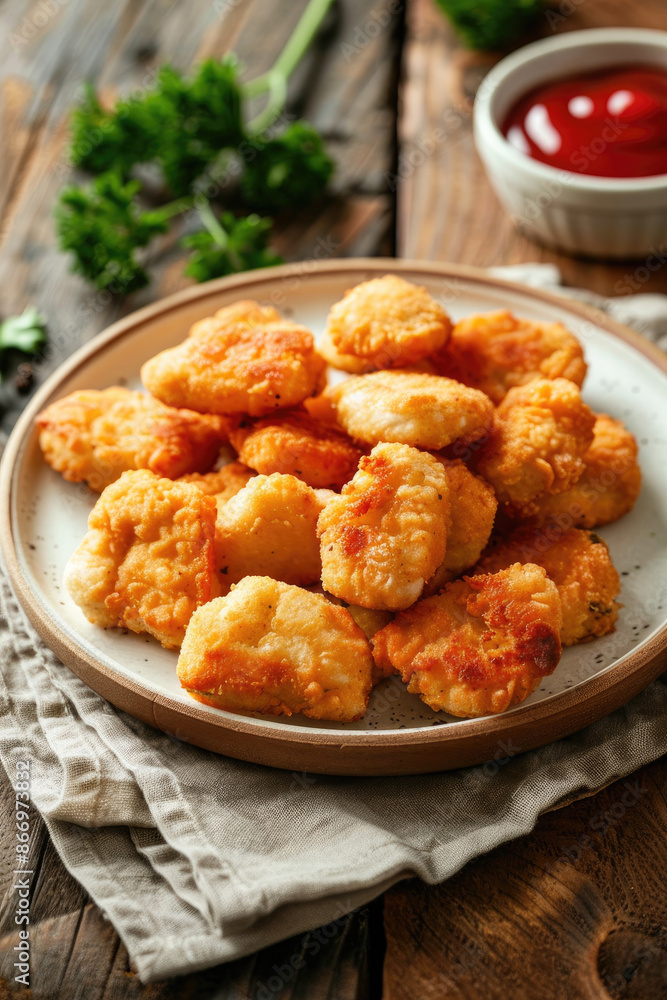 Delicious Plate of Chicken Nuggets and French Fries on a Wooden Table Shot From Above Delicious Plate of Chicken Nuggets and French Fries on a Wooden Table Shot From Above
