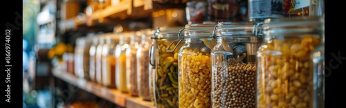 Jars of dry goods in a bulk food store