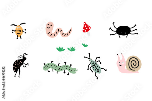 Colorful insects, beetle, and bugs in doodle style. Vector illustration