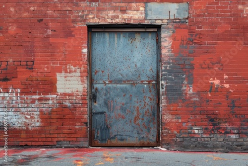 A rusty door sits in front of a brick wall. The door is open and the wall is covered in graffiti. The scene has a sense of decay and abandonment