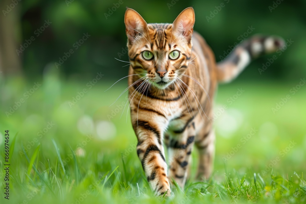 Bengal cat with beautiful markings is enjoying a walk in a lush green garden Bengal cat with beautiful markings is enjoying a walk in a lush green garden