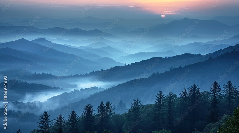 A mountain range with a blue sky and a sun in the background. The mountains are covered in trees and the sky is hazy A mountain range with a blue sky and a sun in the background. The mountains are covered in trees and the sky is hazy
