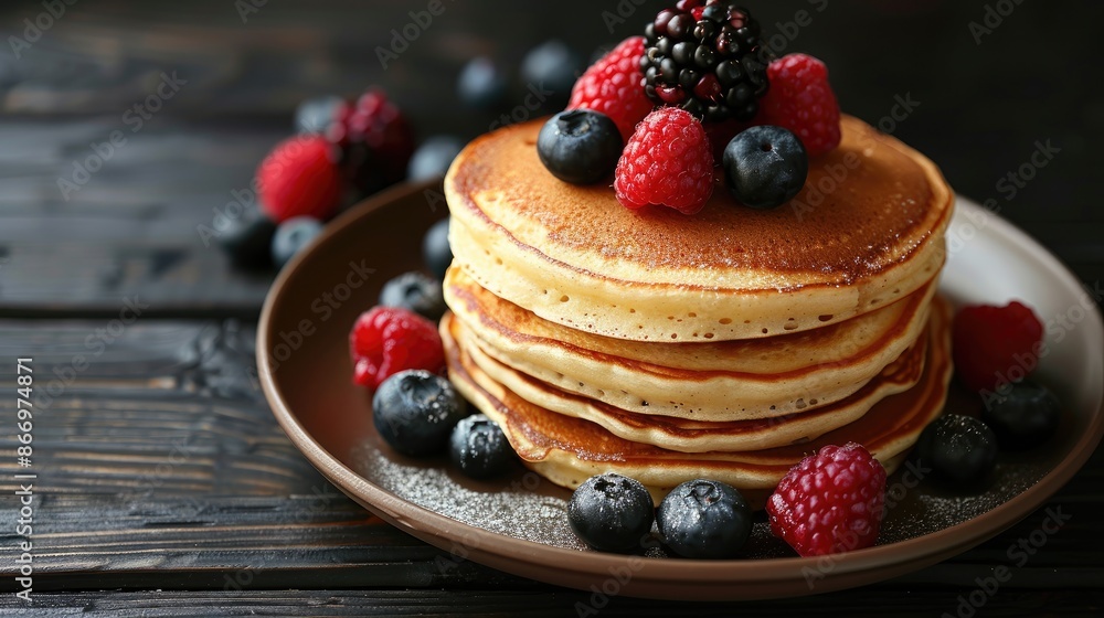 A stack of pancakes with blueberries and raspberries on top. The plate is brown and the pancakes are golden brown A stack of pancakes with blueberries and raspberries on top. The plate is brown and the pancakes are golden brown